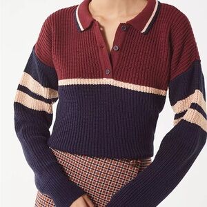 Urban Outfitters Burgundy and Navy Striped fisherman polo sweater